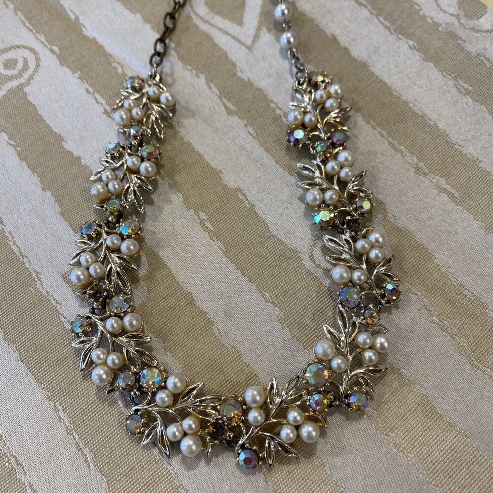 RARE VINTAGE SIGNED ART NECKLACE WITH AB RHINESTONES Pearl CABOCHON JEWELRY USA